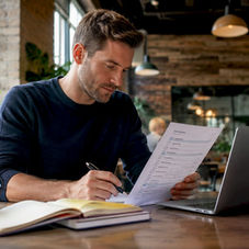 Small business owner reviewing marketing checklist