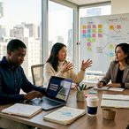Marketing team collaborating in a bright conference room