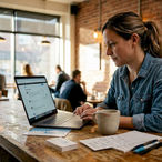 Business owner reading online customer reviews