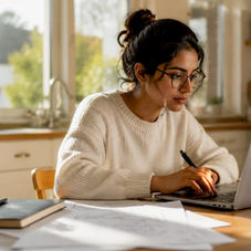 Woman setting up landing page on laptop