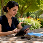 Digital marketer comparing content creation platforms on tablet