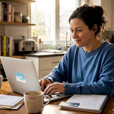 Small business owner writing marketing email at home