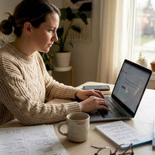 Business owner sending emails at home table