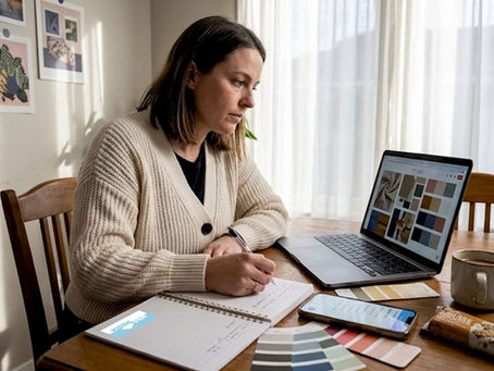 Business owner brainstorming brand ideas at home