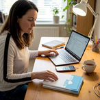Small business owner multitasking at home desk