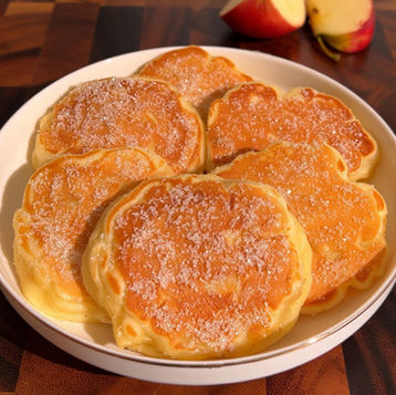 Pancake alle mele altissimi impilati su un piatto, con zucchero e cannella sopra. Ricetta di Pancake Eden. 