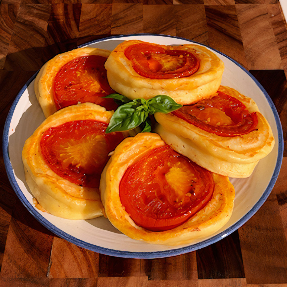 Un piatto di pancake al pomodoro, con basilico