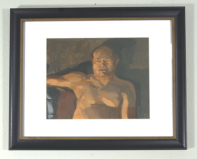An original oil painting on canvas board. This piece was painted live at the Laguna College of Art and design. It is a portrait of an older man, staring with a contemplative expression towards and past the viewer. It is painted in a loose, impressionistic, almost dreamlike style.