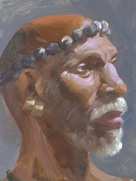 An original oil painting on canvas board. This piece was painted live at the Laguna College of Art and design. It is a portrait of an elegant dark-skinned male dancer, painted in a loose and, impressionistic style.