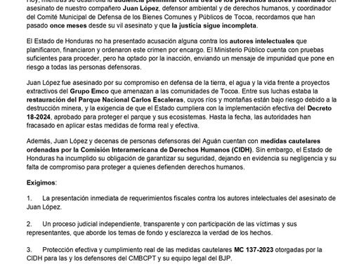 COMUNICADO DE PRENSA - A 11 meses del asesinato de Juan López: ¡Exigimos justicia integral y captura de los autores intelectuales!