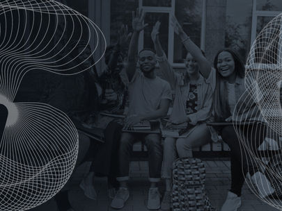 Group of five smiling students sitting outdoors, two raising hands. Background features abstract white line patterns and backpacks.