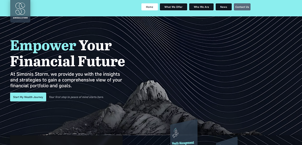 Website header with "Empower Your Financial Future" text, blue and black design, mountain graphic, and menu options like Home and Contact Us.