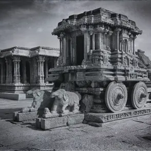 black-and-white image of stone chariot at Hampi's vijaya vittala temple