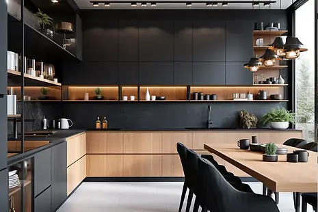 Large kitchen island with a polished marble countertop, providing extra storage and workspace in a stylish, modern kitchen