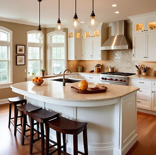Sleek waterfall kitchen island with a continuous stone design that flows over the edges, adding a touch of elegance to any ki