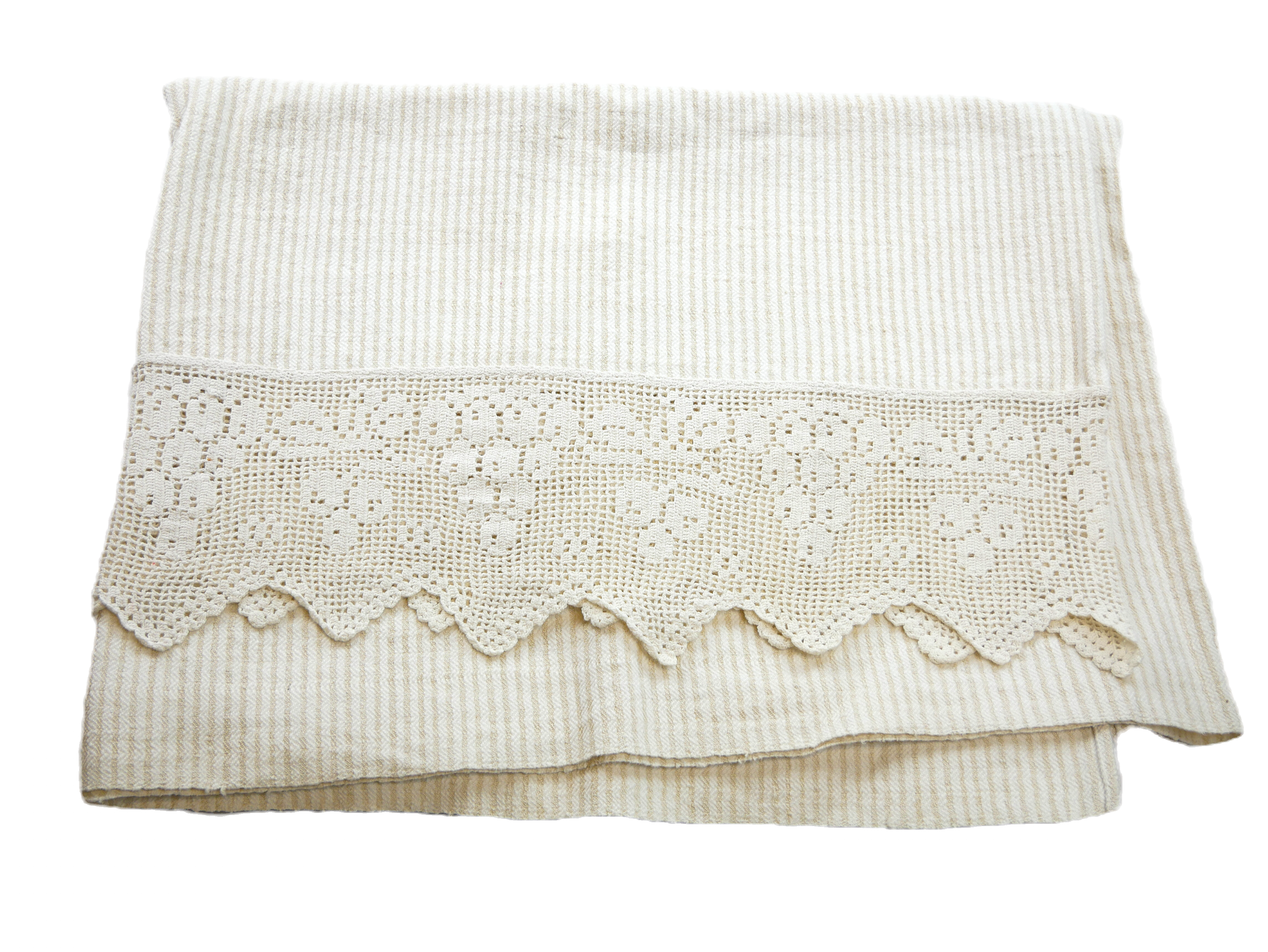 Bedspread of hemp with weft stripes and lace