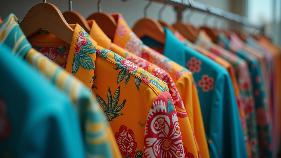 Eye-level view of a colorful custom painted jacket hanging on a rack