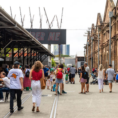 Carriageworks farmers market people outside the market