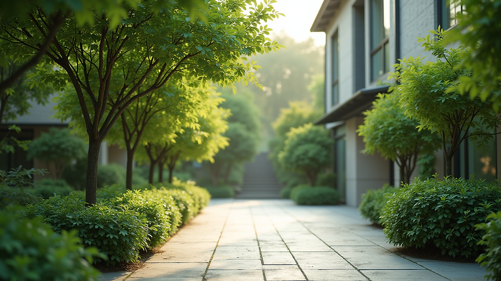 Eye-level view of a serene outdoor space with lush greenery