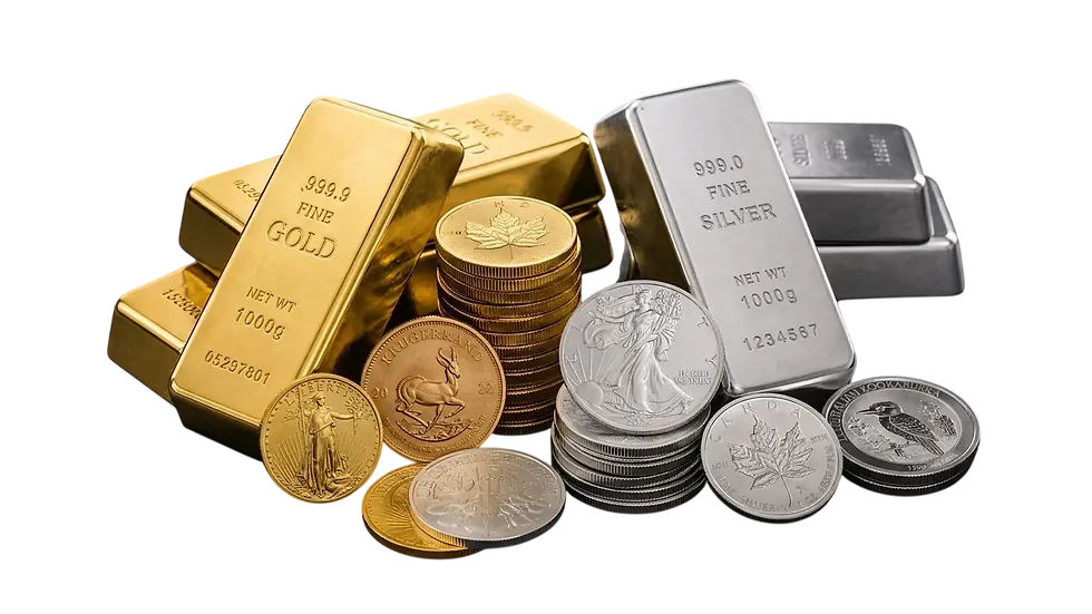 Studio photography of gold and silver bullion bars stacked alongside various gold and silver coins. The arrangement highlights precious metal assets and investment potential.