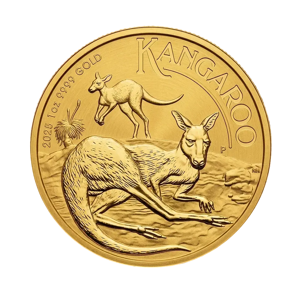 Packshot photography of a gold coin depicting a kangaroo. The coin is dated 2025 and marked as 1 oz of 9999 fine gold.