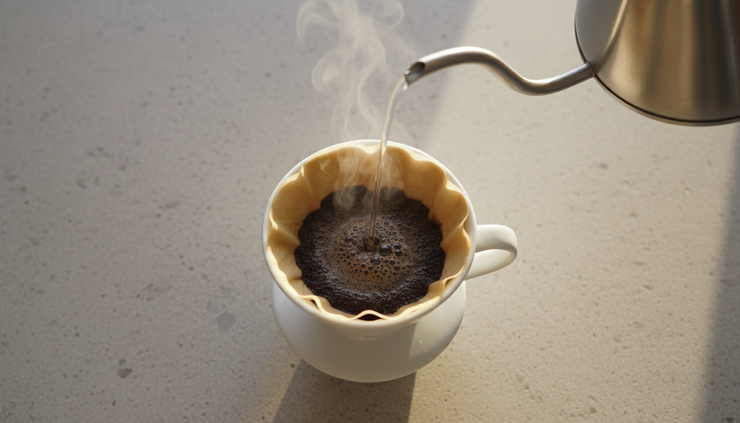 Draufsicht auf einen Handfilter mit frisch aufgegossenem Kaffee