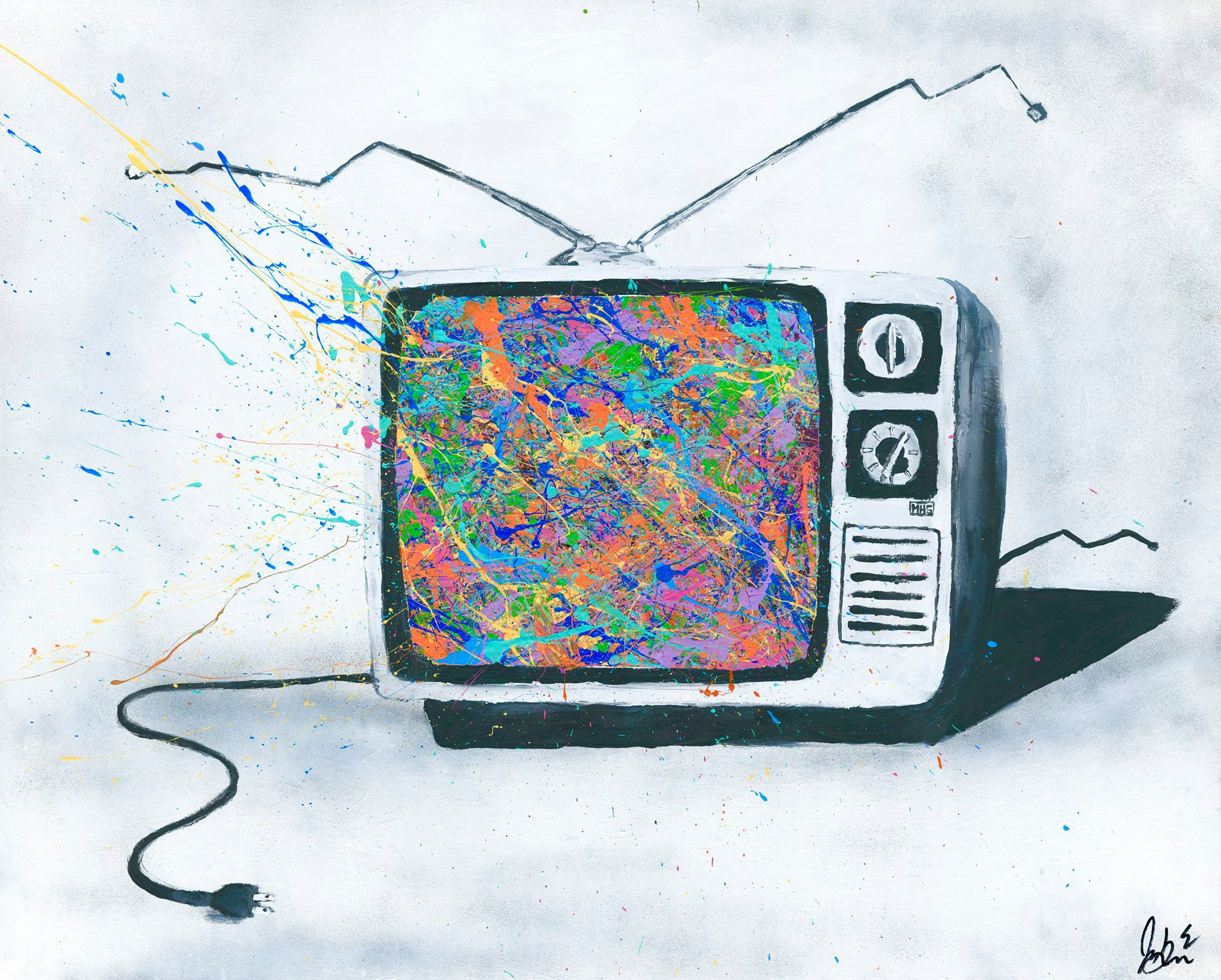 fingerpainting of old television with multicolor splattered screen
