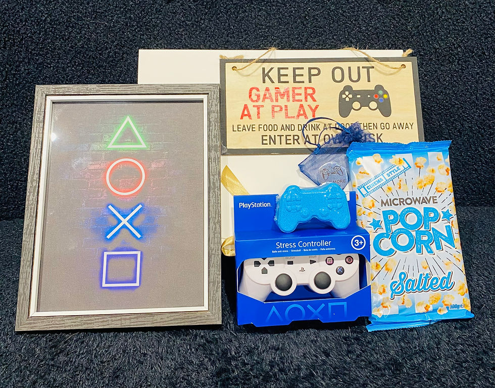 FULL SIZE GAMER BOX (WALL ART OPTION) WITH ITEMS LISTED IN THE DESCRIPTION FOR THAT BOX ARRANGED OUTSIDE IT