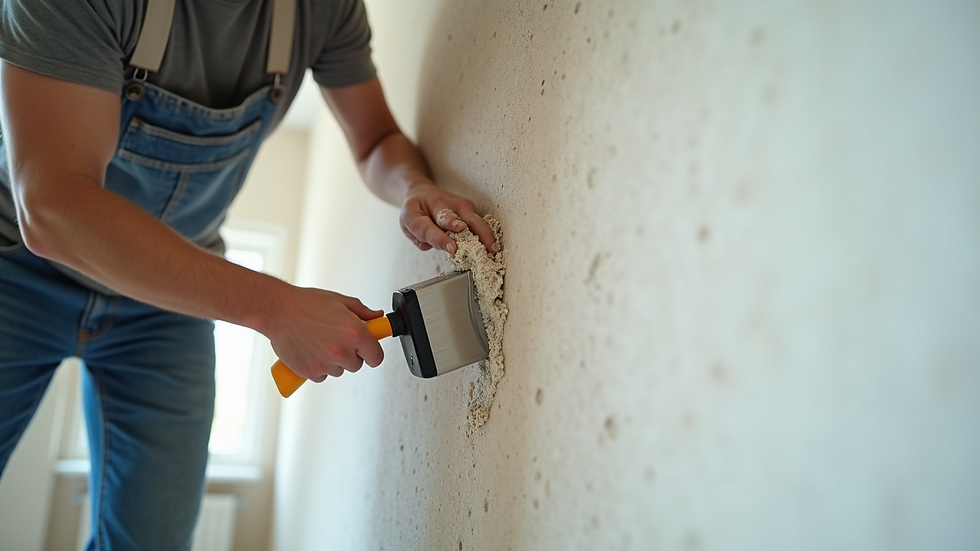 Eye-level view of a drywall contractor applying joint compound to a wall corner