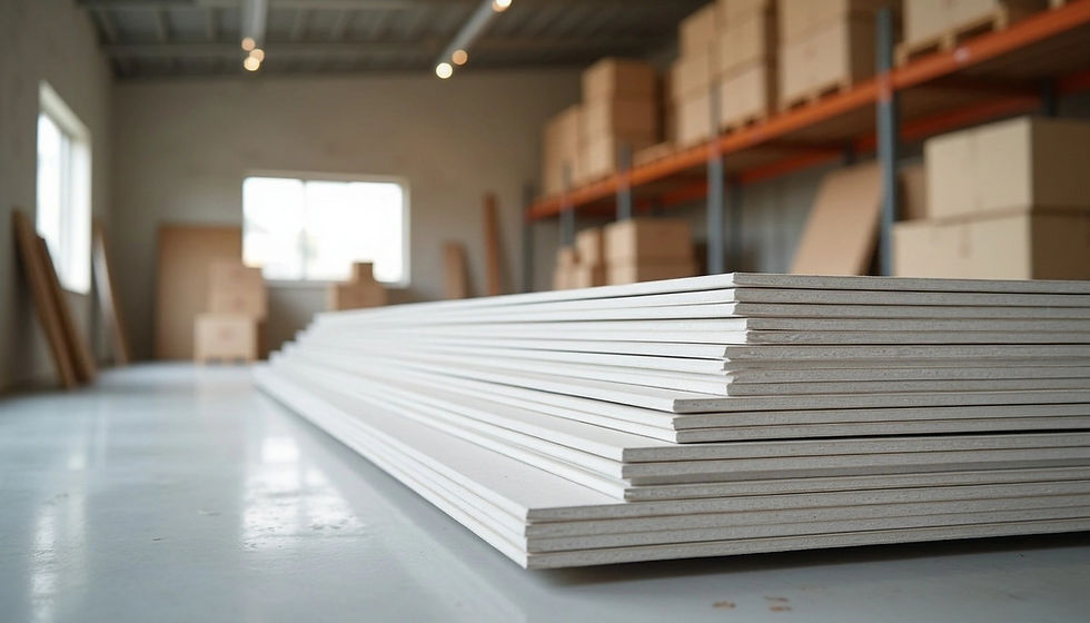 Eye-level view of drywall panels stacked neatly in a workshop