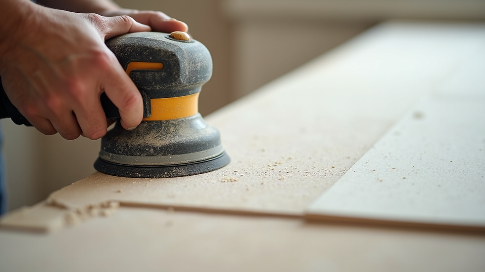 Close-up view of sanding drywall joint to smooth surface