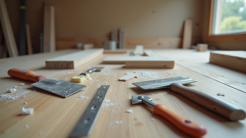 Eye-level view of drywall finishing tools arranged on a workbench