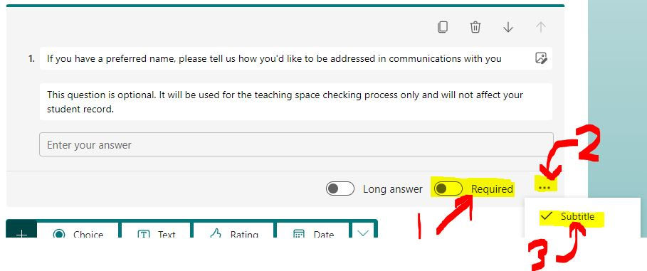 Screenshot of creation of a Text Question in Microsoft Forms to capture the Preferred Name