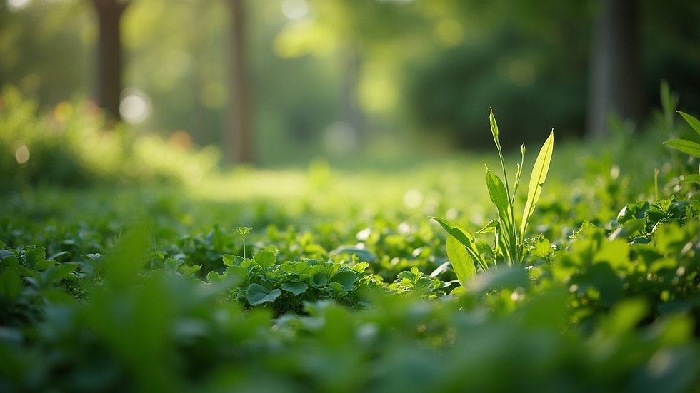 Eye-level view of a lush green garden with diverse plants
