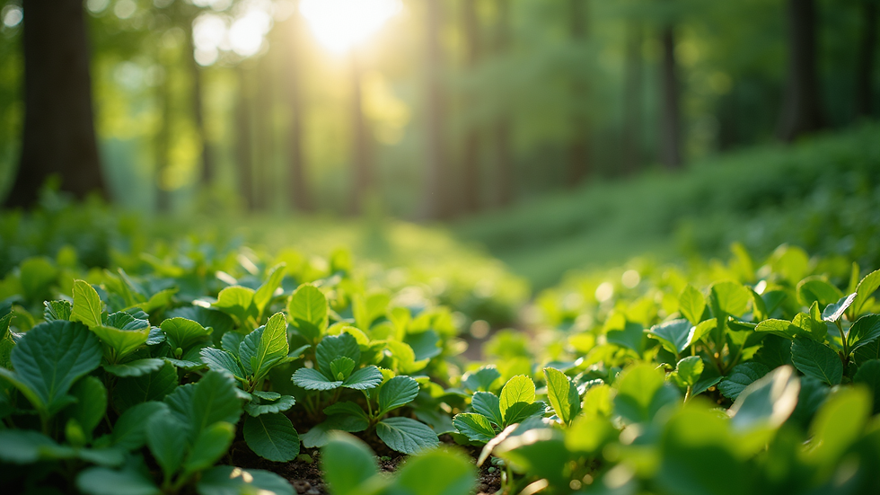 Eye-level view of a lush green garden with diverse plants