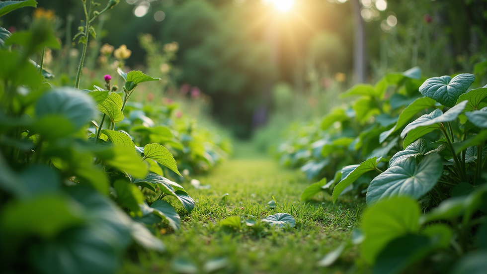 Eye-level view of a lush green garden with diverse plants