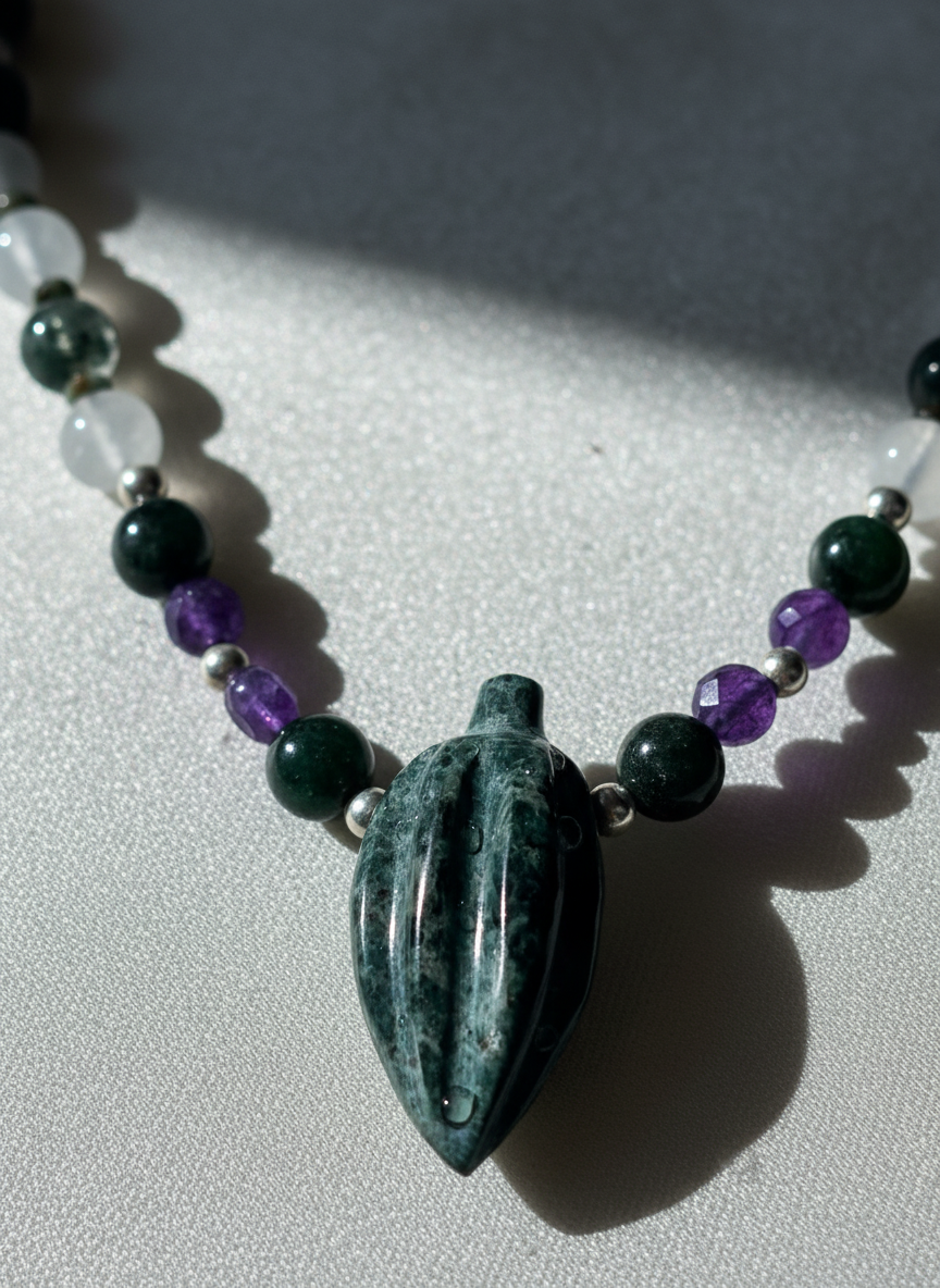 Thumbnail: Mexican Serpentine Cacao Pod Necklace · Green Rutilated Agate · Amethyst