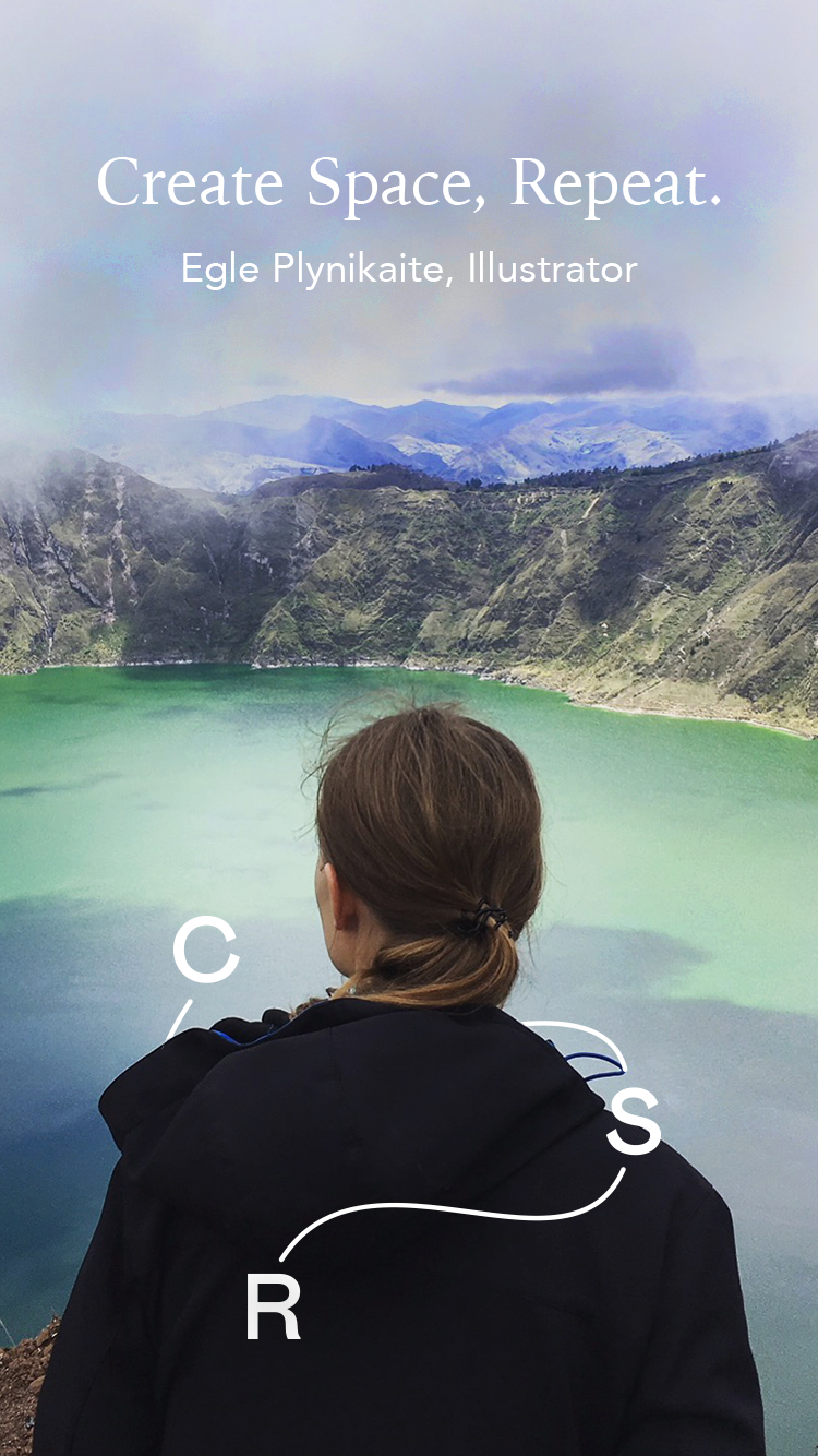 Egle Plytnikaite standing by a green and blue lake with clouds above