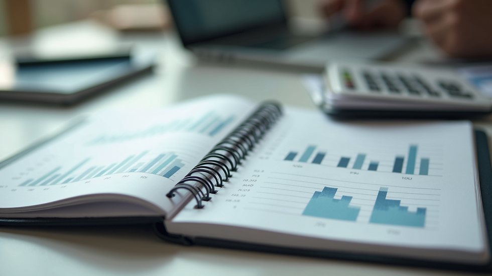 Eye-level view of an open notebook with financial calculations and graphs