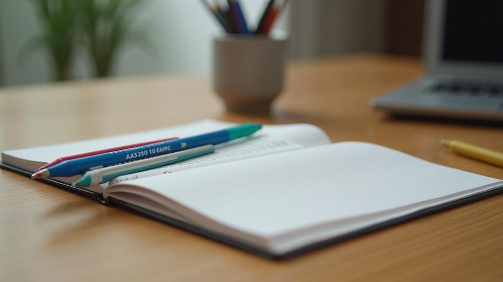 Close-up view of a notebook with colorful pens resting on a wooden desk