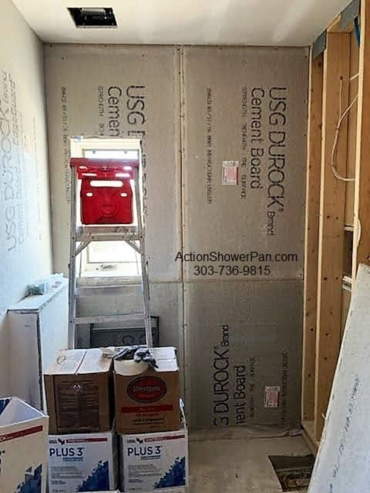Here's the space for the project. Back wall is up. Left side wall has 4" shelf that is later redesigned. Right wall still has no plumbing