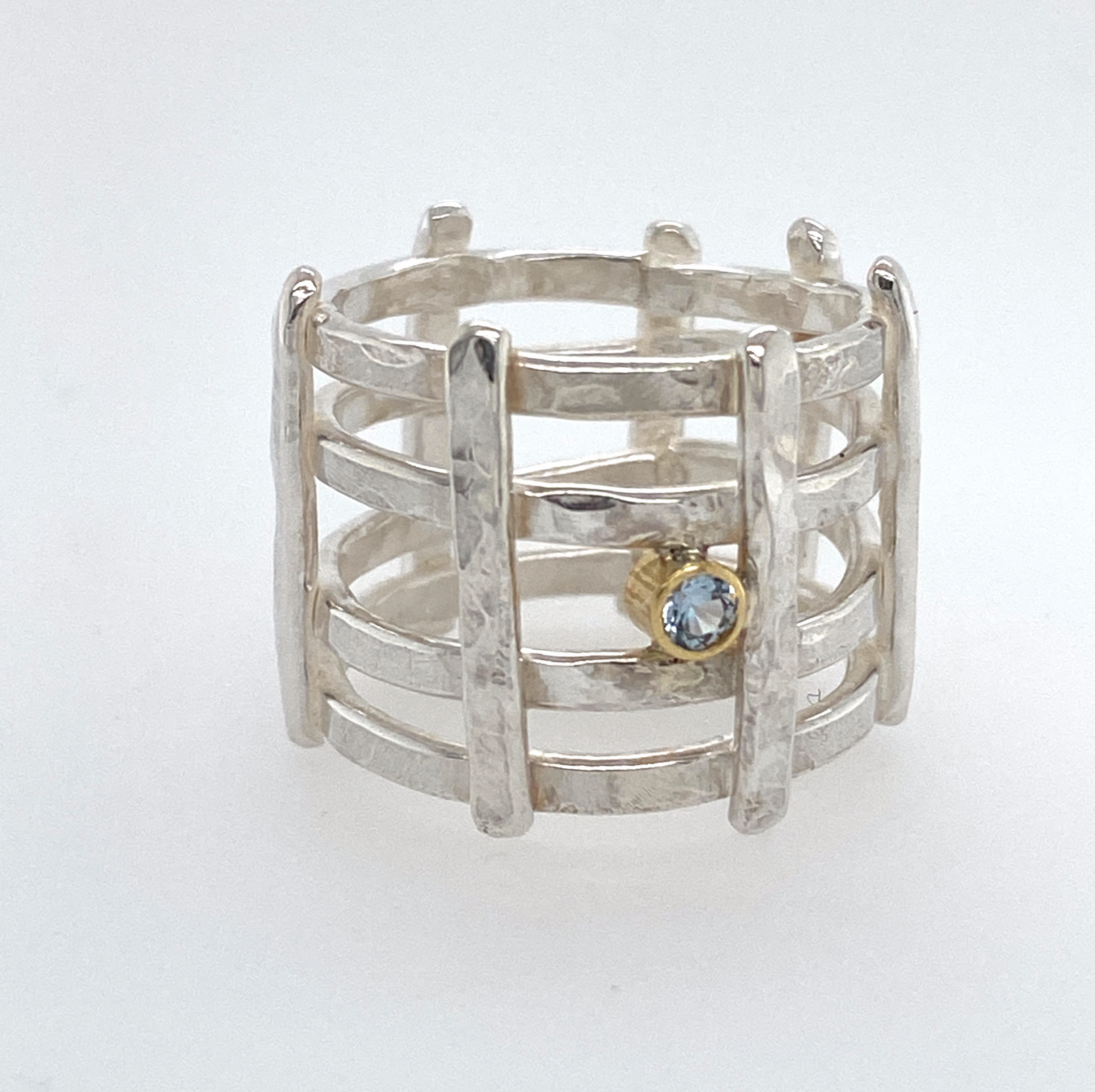 Organic Textured Sterling Silver Criss Cross Ring with 18k gold bezel