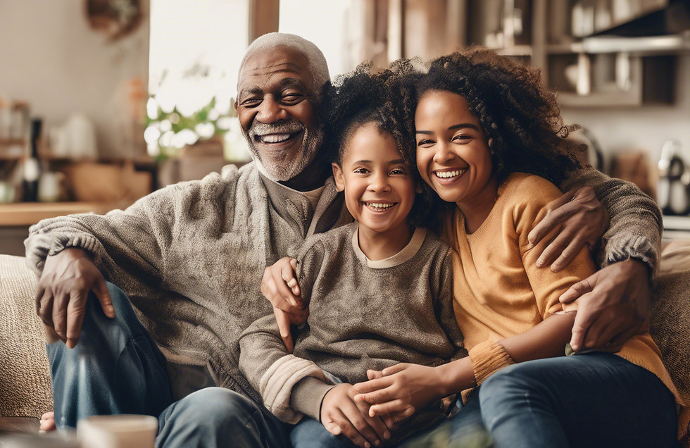 A happy, diverse family spending time together. Three generations are visible_ one smiling