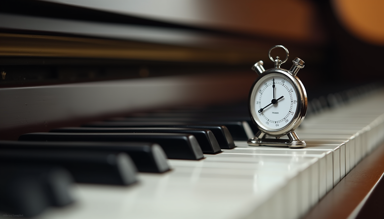 Close-up view of piano keys with a metronome on the side