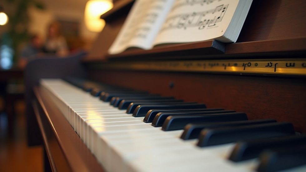 Close-up view of piano keys with sheet music on a stand