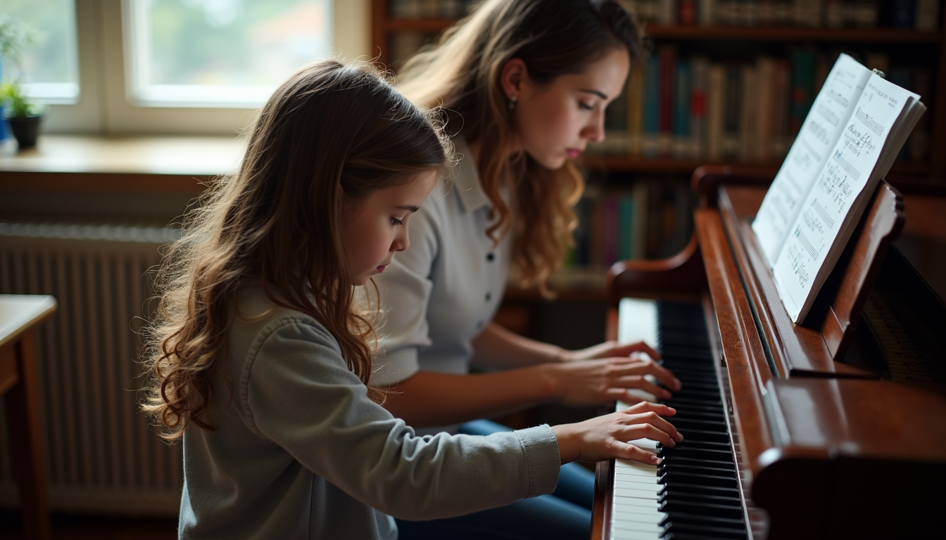 High angle view of a teacher guiding a student at the piano