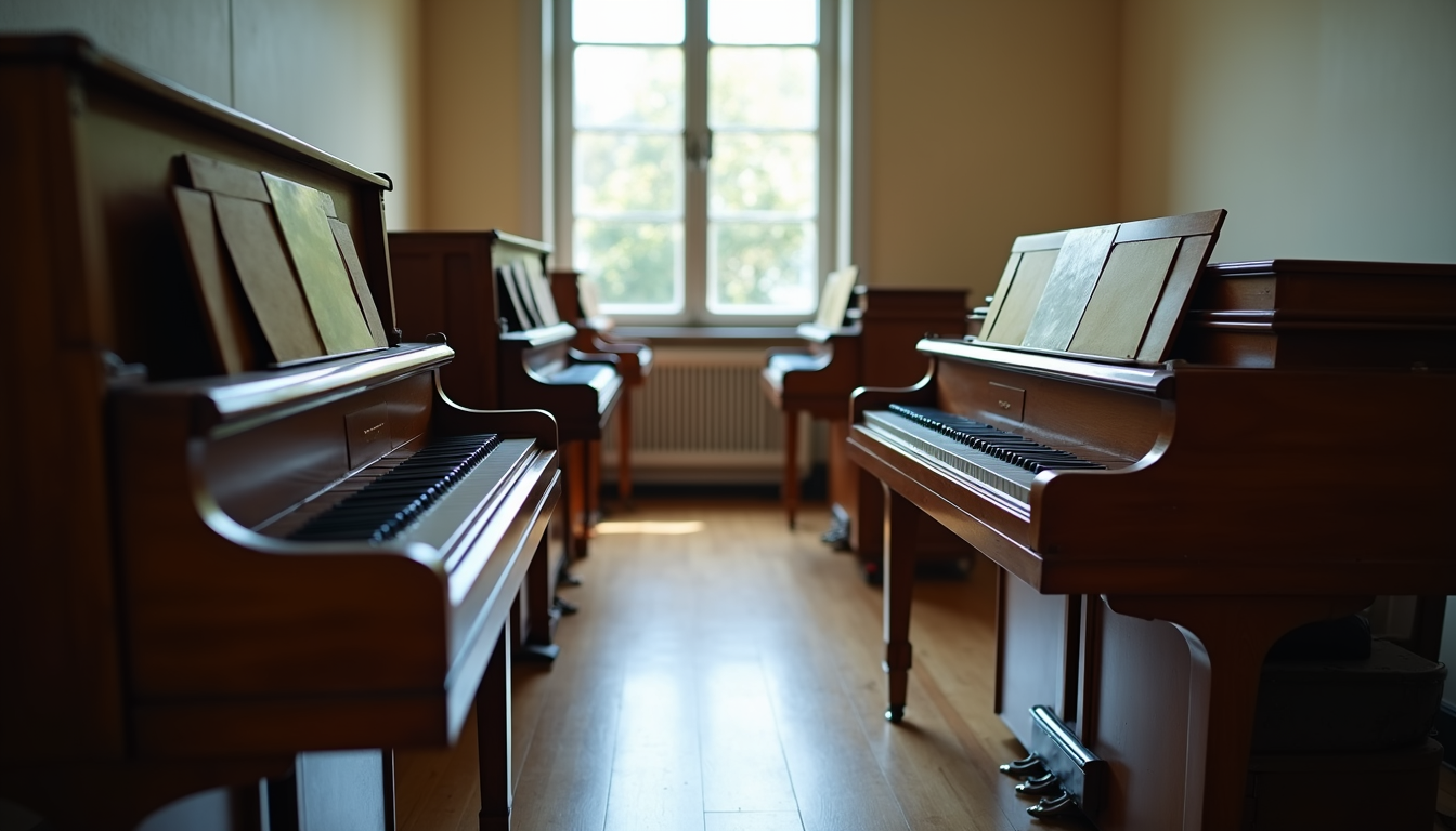 A welcoming music classroom filled with pianos for lessons
