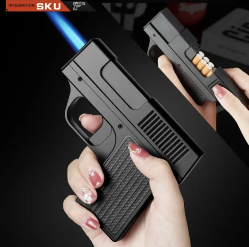 Thumbnail: CIGARETTE STORAGE Jet Flame Lighter Gun/Pistol Cigar Flint Gift Butane Pipe BBQ
