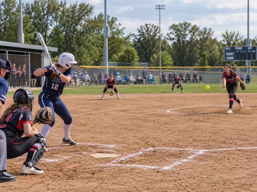 Landscape action photo of a softball batter at the plate with teams visible in the background