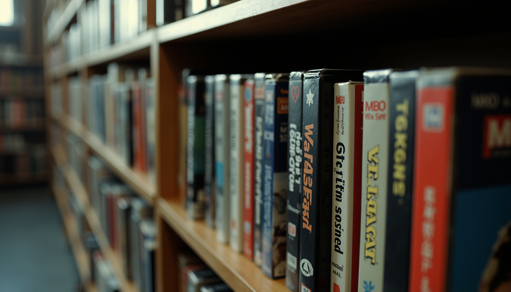 Eye-level view of a shelf filled with original VHS tapes in their cases